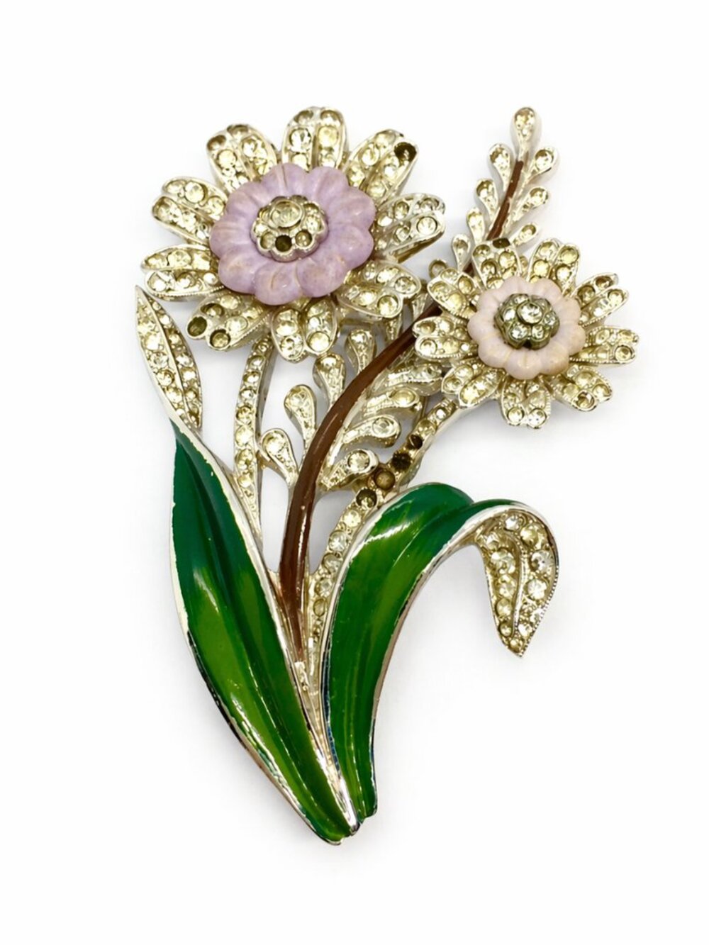 VINTAGE ENAMEL FLOWER Brooch Rhinestone Silver Tone Floral Statement Mcm READ